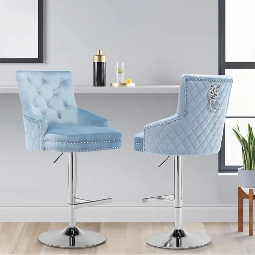 Vista 7 de Juego de 2 taburetes de bar giratorios de terciopelo, taburetes de bar giratorios ajustables en 360° con anillo de tracción de león, taburete de bar