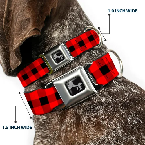 Vista 2 de Buckle-Down Collar de perro con hebilla de cinturón de seguridad, diseño a cuadros de búfalo, color negro/rojo, 1 pulgada de ancho, se adapta a