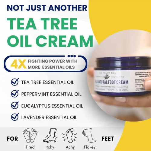 Vista 3 de Yellow Bird Crema para pies – Bálsamo hidratante de aceite de árbol de té con aceites esenciales. Tratamiento natural de pies de atletas. Reparación