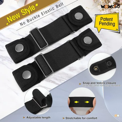 Vista 2 de Paquete de 2 cinturones sin hebilla para hombres y mujeres, cinturón lateral elástico ajustable invisible que se adapta a bucles de 1.5 pulgadas