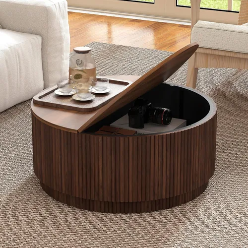 Vista 16 de Mesa de café redonda de 31.5", Mesa de centro moderna con acento acanalado y marco de metal, mesas de café de madera redondas para sala de estar