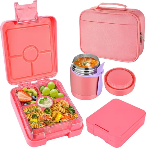 Vista 13 de Pawtong Set de Loncheras Bento con Termo para Sopa de 10oz, loncheras a prueba de fugas con 4 compartimentos, termo para alimentos calientes