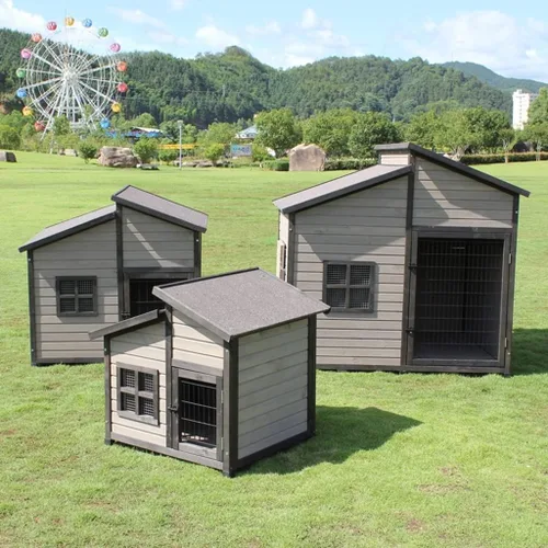 Vista 3 de Casa para perros al aire libre, perrera elevada de madera para mascotas con techo de asfalto, puerta delantera, ventana lateral, porche para perros