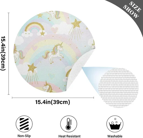 Vista 4 de Glittery Gold Unicorns Dining Room Table Placemats, Non Slip Placemats Set Washable for Kitchen Table one sizex1