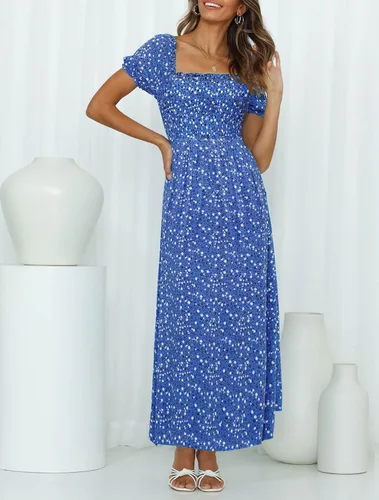 Vista 2 de ZESICA - Vestido de verano largo para mujer, diseño acampanado con cuello cuadrado y volantes, estampado floral y bohemio, para la playa