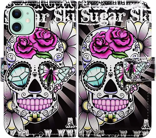 Vista 34 de Bcov Funda para iPhone 11, funda de piel con tapa y función atril para iPhone 11, diseño de flores y mariposas azules