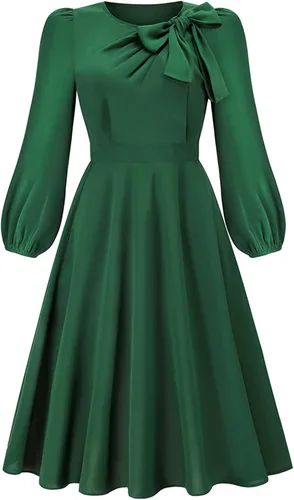 Vista 6 de Vestidos de otoño para mujer, color liso, cuello redondo, acampanado, manga larga, vestido midi