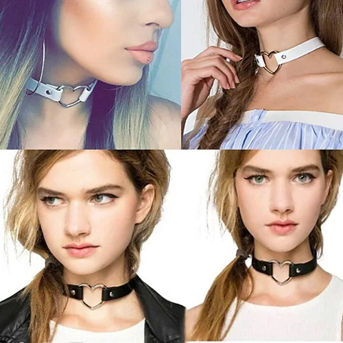 Vista 2 de Gargantilla ajustable de piel con corazón, estilo punk, estilo gótico, collar suave con cadena, para mujeres y niñas