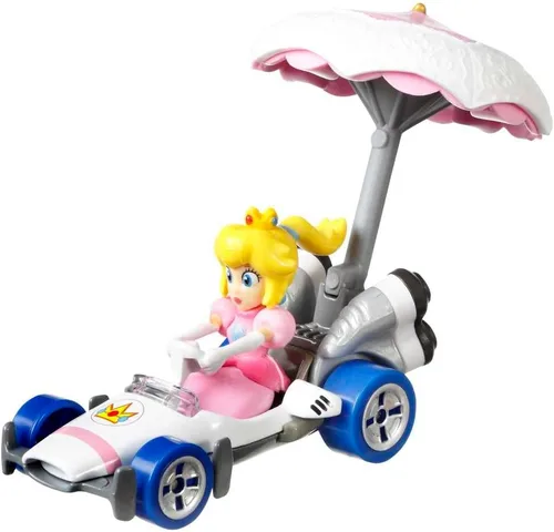 Vista 2 de Hot Wheels Mario Kart Princess Melocotón fundido a presión en B-Dasher Kart con parasol de melocotón planeador