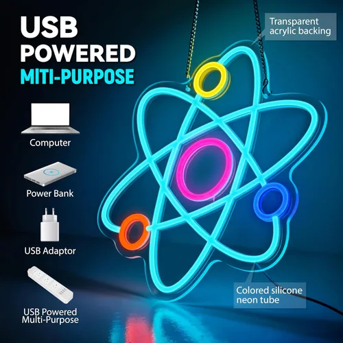 Vista 5 de Atom Neon Sign Molecule - Lámpara de pared LED de ciencia para dormitorio, laboratorio, oficina, decoración de sala de juegos, letrero de luz