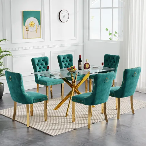 Vista 20 de Juego de mesa de comedor de cristal para cocina de 4, 5 piezas, mesa de comedor rectangular de 51 pulgadas con 4 sillas de cocina de terciopelo