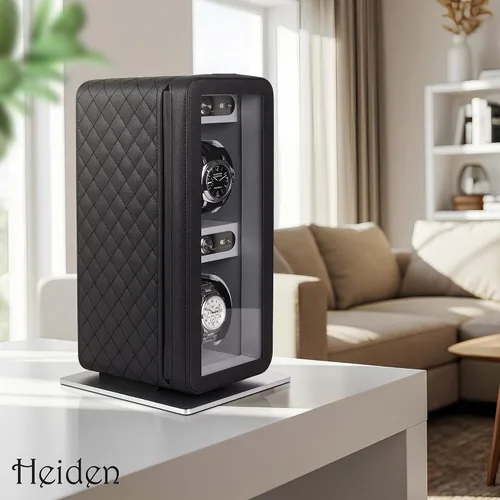 Vista 9 de Heiden Monaco - Bobinadora de reloj doble en cuero negro, funciona con pilas o adaptador de CA, 12 ajustes de programa, cuero vegano cosido
