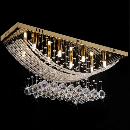 Vista 10 de Araña moderna de onda, araña rectangular de cristal con gotas de lluvia, montaje empotrado, lámpara colgante de techo cromada, ideal para comedor