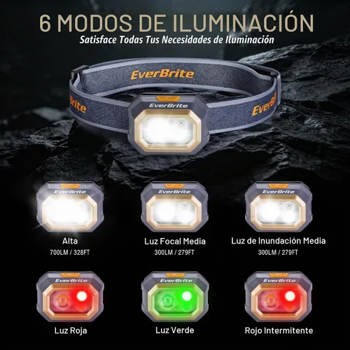 Vista 3 de EverBrite - Linterna frontal recargable de 700 lúmenes con modos de luz blanca, roja y verde