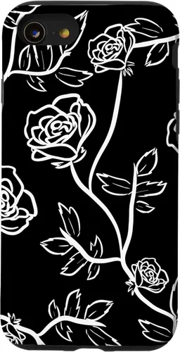 Vista 13 de iPhone 14 Rose Bush Pétalos de rosa Hojas de espina Funda blanca y negra