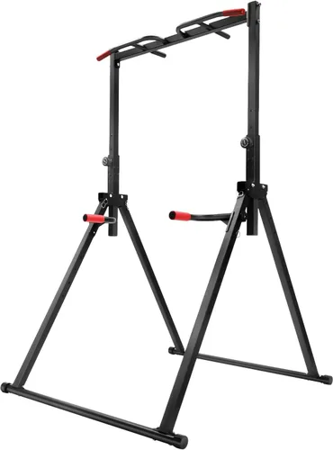 Vista 8 de Soporte de barra de dominadas plegable, torre de potencia de 440 libras con altura ajustable y estructura triangular estable, estación de inmersión