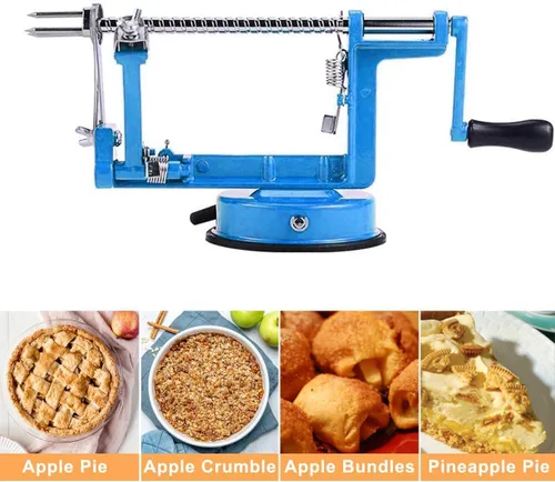 Vista 3 de Cortador de manzanas 3 en 1, pelador de papas, acero inoxidable resistente con base de ventosa (azul)