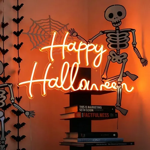 Vista 6 de Letrero de neón personalizado de Halloween, nombre LED espeluznante personalizado y luz de patrón, decoración de pared regulable para fiesta, porche