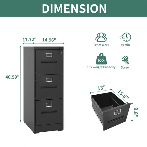 Vista 3 de Archivador vertical de 3 cajones para oficina en casa, archivador de metal con cerradura para carpetas colgantes de tamaño legal/carta, antivuelcos