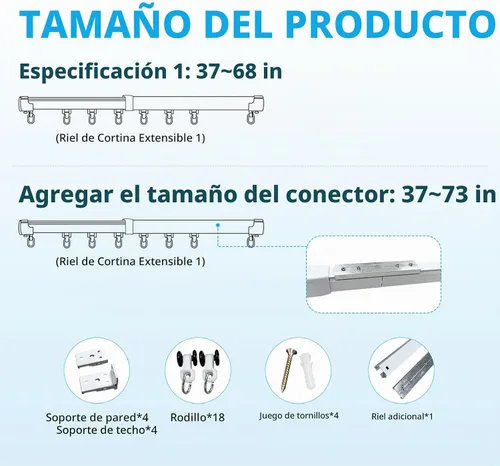 Vista 3 de Sistema de riel telescópico para cortinas de techo de 37-73 pulgadas, juego de riel de cortina resistente retráctil de medida libre como divisor