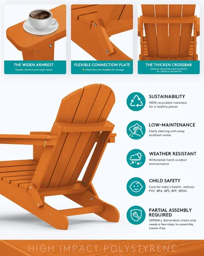 Vista 6 de SERWALL - Silla plegable Adirondack para patio, jardín, exterior, resistente a la intemperie, sillas para hoguera, color naranja