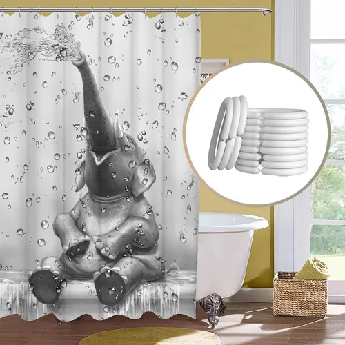 Vista 5 de Cortina de ducha de elefante africano, divertida cortina de baño con diseño de elefante, lindo animal salvaje sobre fondo de gota de lluvia, juego