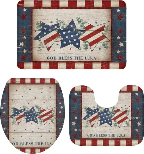 Vista 10 de Savannan Juego de 3 tapetes de baño, diseño patriótico de la bandera estadounidense, pentagrama, libertad, país, absorbente, suave, antideslizante