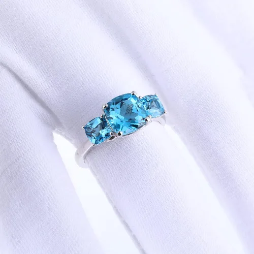 Vista 5 de supermodel 925 Sterling Silver Solitaire 3 Stone Statement Ring for Women 4 Cttw 8MM Natural Blue Topaz Promise Ring 18K White Gold Plated Size 6