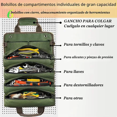 Vista 4 de Bolsa de herramientas enrollable, almacenamiento de herramientas suave portátil resistente con 2 bolsas desmontables, regalos para hombre, papá