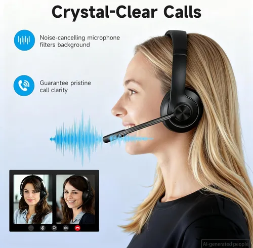 Vista 8 de AOC Wireless Headset with Mic for Work, Bluetooth 5.4 Computer Headphones. with USB-A Dongle, Clear Call Mic, 30H Battery, One-Touch Mute, Great