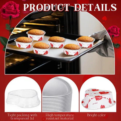Vista 3 de Ziliny Juego de 100 moldes para pasteles en forma de corazón con tapas, mini moldes de papel de aluminio para tartas de San Valentín, 3.4 fl oz/3.4