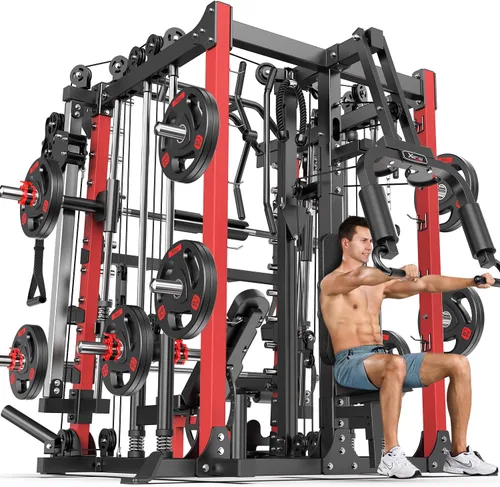 Vista 11 de Máquina Smith con sistema de cruce de cables, jaula de potencia multifunción para sentadillas y rack de potencia para gimnasio en casa, rack de Negro