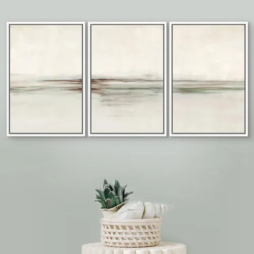 Vista 18 de SIGNFORD - Set de obras de arte en lienzo enmarcado para pared, ilustraciones abstractas de neblina del desierto en tonos neutros beige y marrón