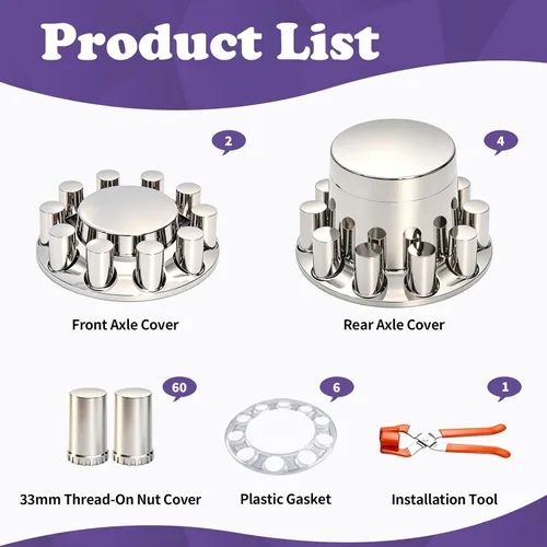 Vista 3 de Kits completos de cubierta de eje delantero y trasero de plástico ABS cromado con cubiertas de tuerca de brida de 33 mm y tapa central extraíble