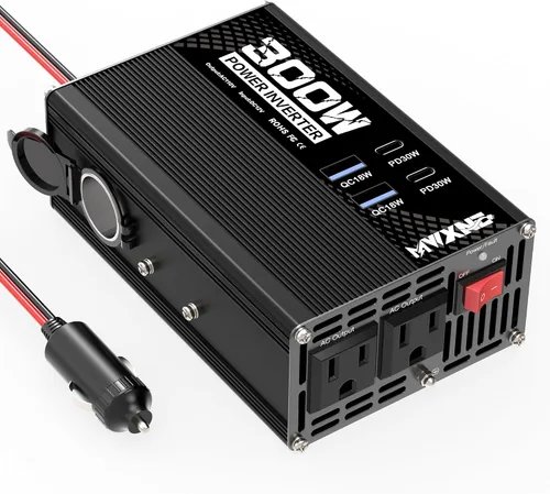 Vista 9 de Inversor de corriente de 300 W DC 12 V a 110 V Adaptador de CA con dos salidas de CA/2 puertos USB PD30W USB-C/2 QC18W/1 toma de encendedor