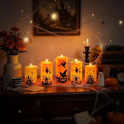 Vista 3 de Sasigeiaa Velas sin llama naranja de Halloween con control remoto, paquete de 5 velas LED que funcionan
