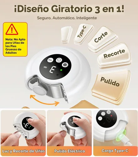 Vista 2 de Cortauñas eléctrico 3 en 1, lima de uñas para bebé, 3 velocidades, recortadora de uñas automática de pulido con almacenamiento de virutas de uñas