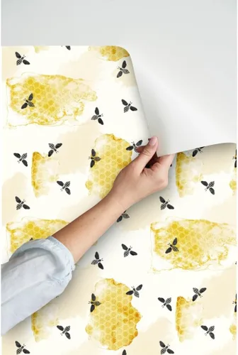 Vista 3 de Spoonflower Papel tapiz autoadhesivo de 3 x 2 pies – Abeja verano jardín acuarela miel oro negro nido de abeja insectos colmena abeja abejas papel