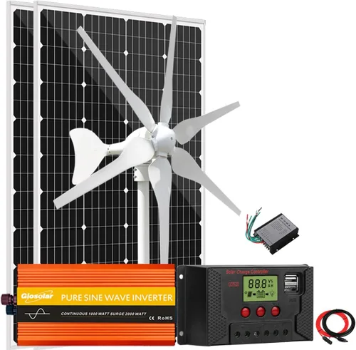 Vista 20 de Kit solar de viento de 640 W, kit de carga de batería de 12 V: generador de turbina eólica de 400 W + 2 paneles solares de 120 W + controlador +