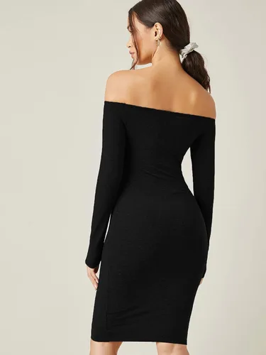 Vista 2 de Verdusa Vestido corto ajustado básico de manga larga con hombros descubiertos para mujer