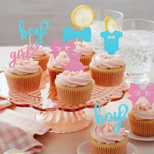Vista 6 de Paquete de 24 adornos para cupcakes para niños o niñas, con purpurina rosa y azul, palillos para cupcakes de baby shower, corbatín, mameluco, mono