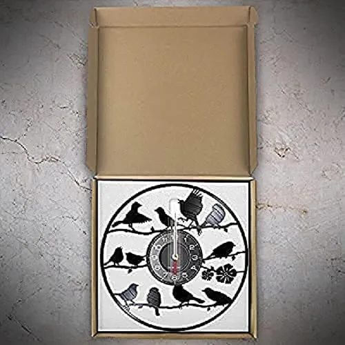 Vista 2 de Reloj de pared con silueta de pájaros, reloj de pared de animales, disco de vinilo tallado a mano, decoración del hogar, diseño moderno, reloj
