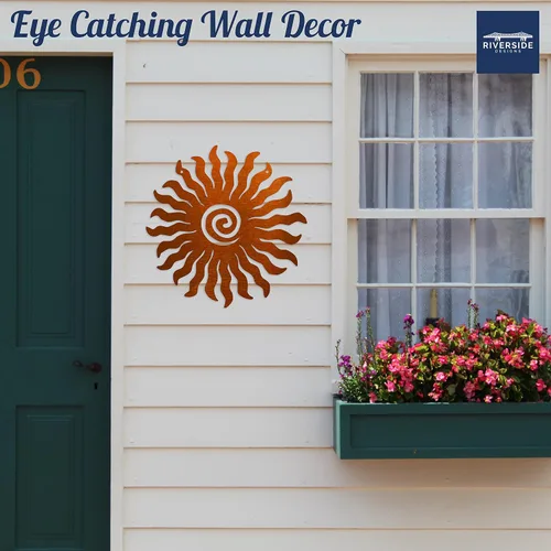 Vista 4 de Riverside Designs Sunburst - Arte de pared de metal para decoración al aire libre, resistente e impermeable, fabricado en Estados Unidos