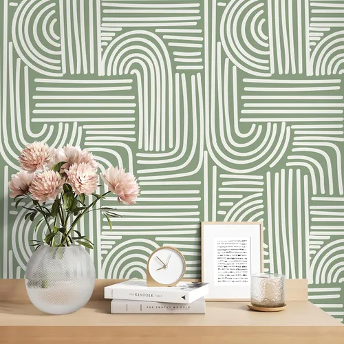 Vista 4 de VEELIKE Papel tapiz geométrico verde salvia para despegar y pegar, papel tapiz geométrico abstracto bohemio para dormitorio, baño, pared decorativa