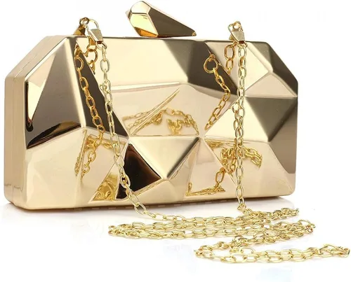 Vista 7 de Bolso de noche de metal con patrón geométrico de celosía para mujer, para boda, novia, graduación, bolso cruzado con cadena
