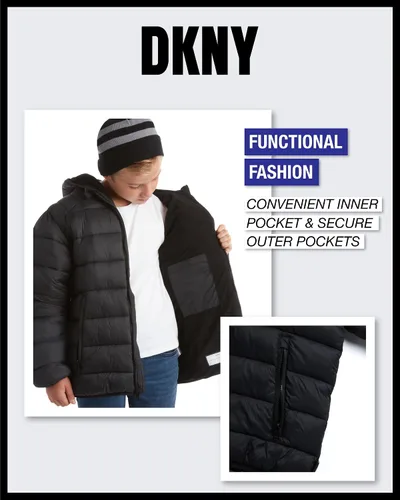Vista 4 de DKNY Chaqueta para niño Abrigo acolchado ligero y plegable con gorro de invierno (8-20)