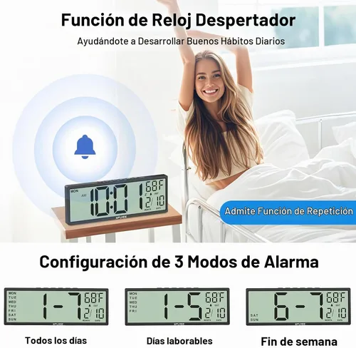 Vista 4 de Reloj de pared digital grande de 14.5 pulgadas, funciona con pilas con números gigantes, DST automático, día, fecha, alarma, temperatura para sala