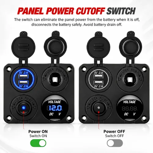 Vista 2 de Nilight Panel de enchufe de cargador de encendido y apagado 4 en 1, cargador USB dual, toma de corriente, voltímetro LED, encendedor de cigarrillos