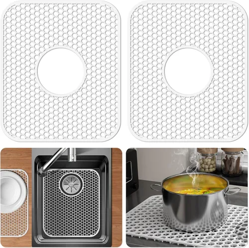 Vista 51 de Bestjing Paquete de 2 protectores de silicona para fregadero de cocina, accesorio de rejilla de cocina de 12 x 11 pulgadas, tapete antideslizante