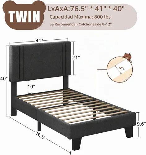 Vista 2 de iPormis Base de cama de plataforma individual con cabecera tapizada de tela y patas gruesas, base de colchón con soporte de listones de madera Gris